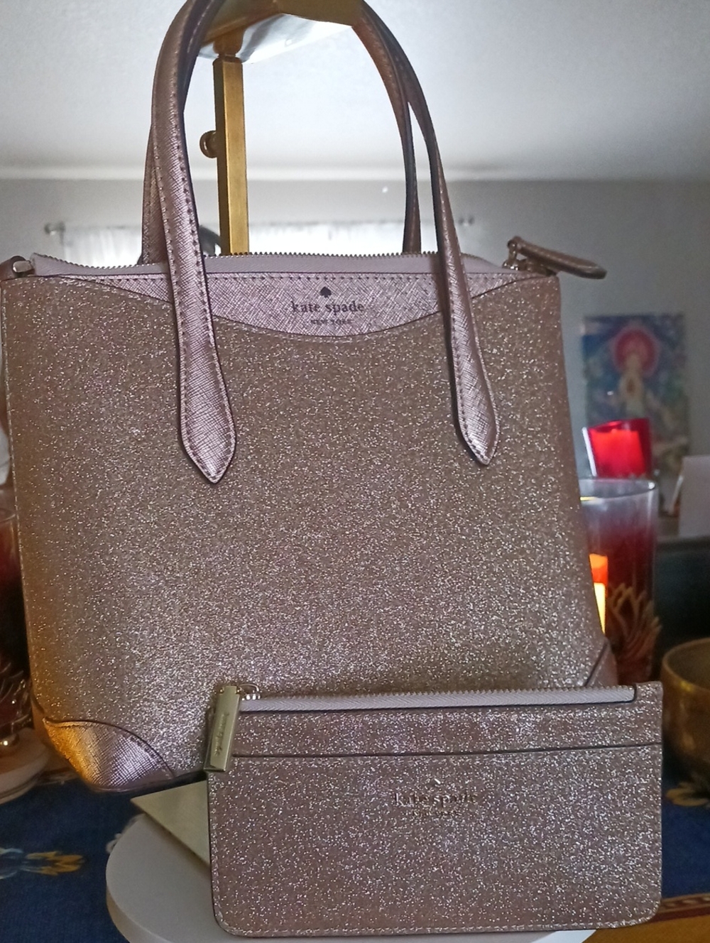 kate spade Rose Gold Glitter Tote with Matching Card Holder
